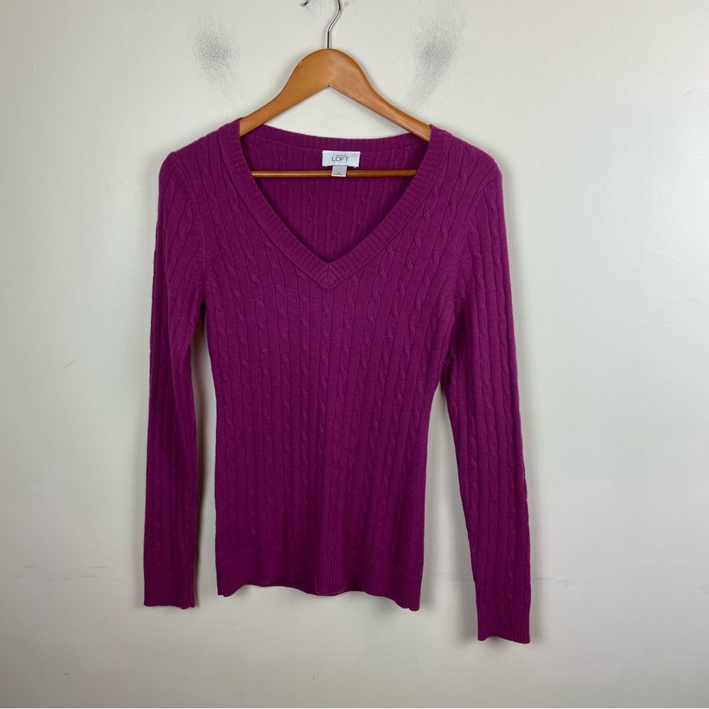 Loft Magenta Pink Cable‎ Knit Ribbed V-Neck Rabbit Hair Blend Sweater Pullover S